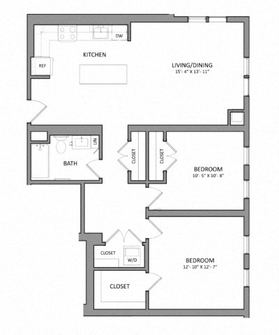 Floor plan for 2 beds, 1 bath, 980 sqft